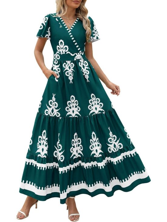 Dresses & Skirts - Women's Floral Dark Green Boho Maxi V Neck Bell Sleeve Flowy Dress W/Pockets